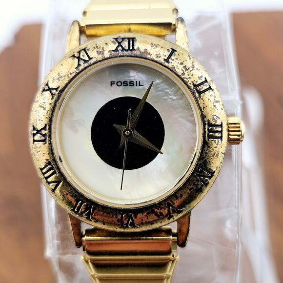 Fossil Women's Gold Tone Roman Numeral Bezel Watch SC-5494 Stretch Band Bold - Picture 2 of 6